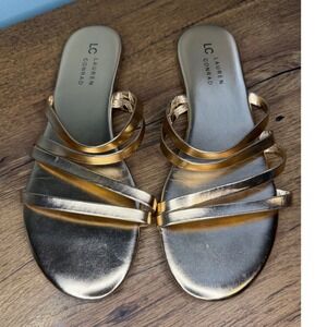 LC Lauren Conrad Womens Metallic Rose Gold Strappy Slide Flat Sandals Vacation 8